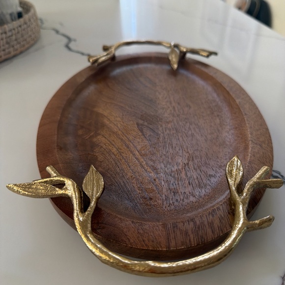 Wooden Oval Serving Tray with Gold Handles - Picture 6 of 7